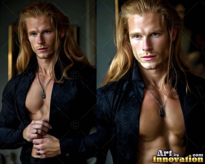 A blond man with long hair stands in soft light wearing an open black shirt
