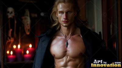 Facing forward in a dark room, a shirtless man stands near red candles