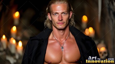In a dark hall with candles, a blond man with no shirt wears an open black coat