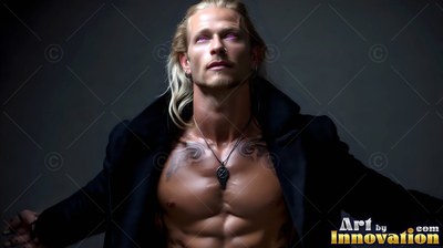 Looking up, a blond man opens his black coat in dim light to show his bare chest