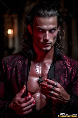 Man in an open red jacket with blood on his hands under dim light
