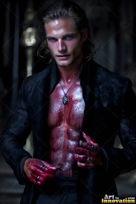 A man in an open black jacket stands in a dark room with red blood on his bare chest
