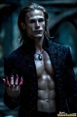 A blond vampire man holds out bloody clawed hands under cool blue light