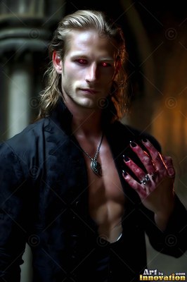 Facing forward in a dim stone hall, a blond man raises one bloody hand