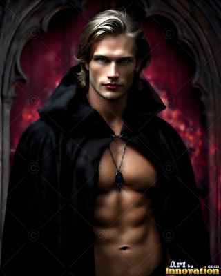 A man bare from the waist up with blond hair in an open black cloak stands in a red gothic doorway