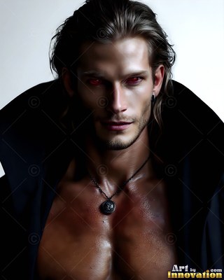Against a plain wall, a bare-chested man with red eyes wears an open black cloak