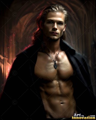 Standing shirtless in a dark hall, a young man wears an open black cloak and a necklace