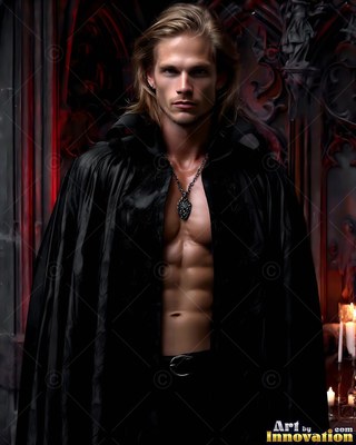 Bare-chested blond man in an open black cloak in dim red light