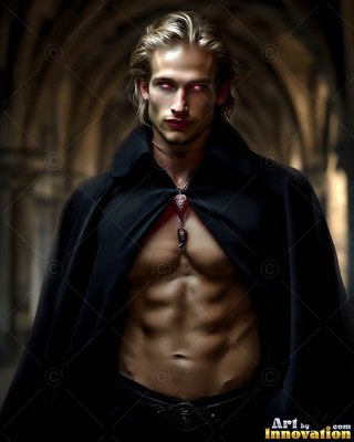 An open black cloak reveals the bare chest of a blond man standing in a stone hallway