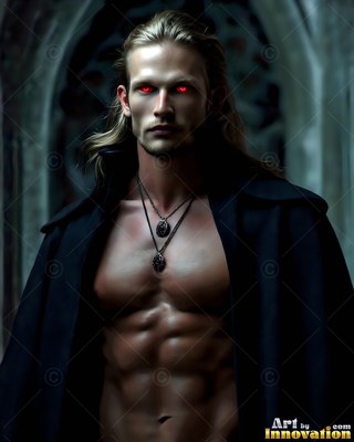 A man without a shirt stands wearing a black coat hanging open, his eyes bright red in shadow