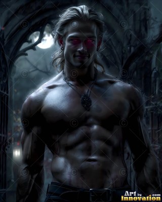 Facing forward in a dark stone archway, a man without a shirt smiles with red eyes