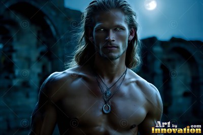 Man with no shirt with bright eyes at night by stone ruins