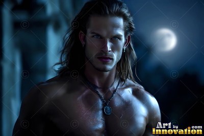 A bare-chested man with long brown hair stands outside at night under a pale moon