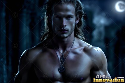 A shirtless man with long hair stares forward under the pale blue moonlight