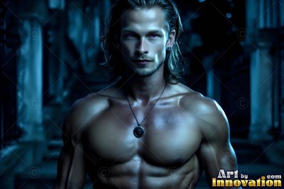 Facing forward in a dark stone hall, a man without a shirt looks ahead