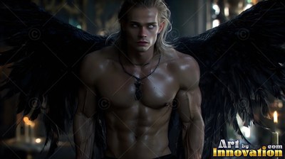 A blond man bare from the waist up with black feathered wings stands near candles in a dark hall