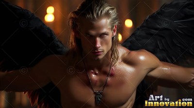 Spreading black feathered wings, a shirtless blond man stares forward in warm candlelight