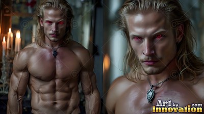 A blond man with no shirt with red eyes stands in candlelight