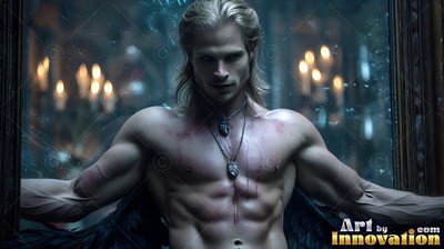 Chest-up view of a muscular shirtless blond man standing before dark candles