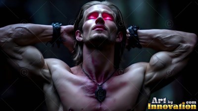 In the shadows, a muscular man without a shirt leans back with bright red eyes