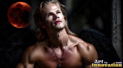 Looking up into the dark, a man without a shirt with black wings sits near a red moon