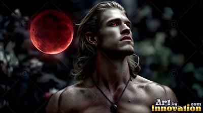 A bare-chested man with red eyes looks up beside a dark red moon