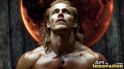 Bare shoulders lift on a muscular man looking up at a red moon against dark wood