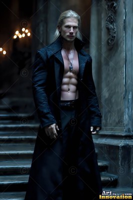 A blond man stands in an open black coat in dim blue stone shadows