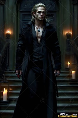 Walking down stone stairs, a blond man wears a long black coat near candlelight