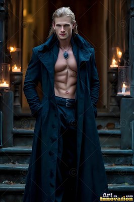 A shirtless blond man in a black coat hanging open stands on stone steps