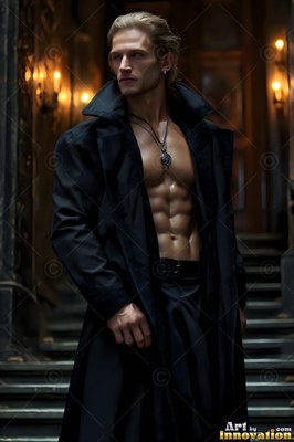 A shirtless blond man in an open black coat stands on candlelit stone stairs