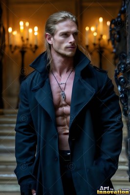 A blond man stands in an unfastened black coat before warm candlelight