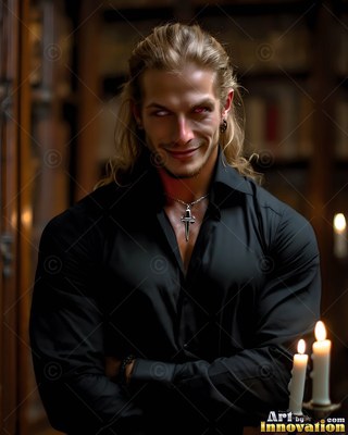 Standing with folded arms in a dark library, a smiling blond man in a black-toned shirt