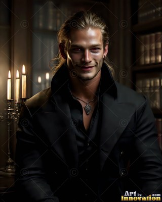 In a dark library with candles, a smiling blond man sits in a black coat