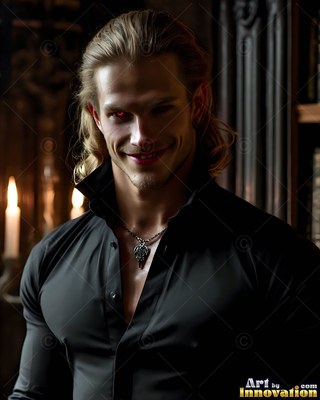 Smiling in the dark, a blond man with red eyes stands in a black shirt by candles