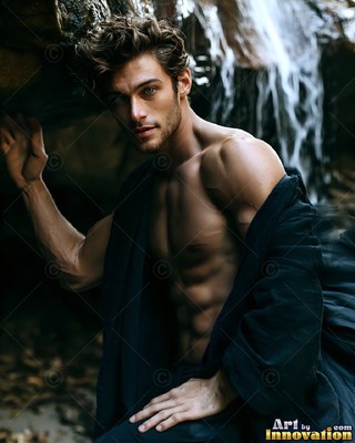 By a rocky waterfall, a shirtless man wears a dark robe off his shoulders