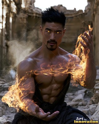 Channeling fire across his chest, a bare-chested man with yellow eyes kneels in ruins