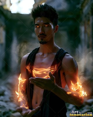 A man with bright yellow eyes conjures fire around his arms