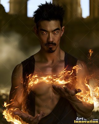 Spiky black hair frames a man with bright yellow eyes conjuring fire in stone ruins