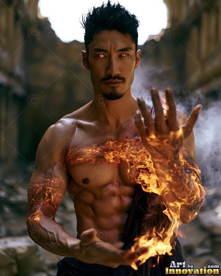 A shirtless man raises fire across his arm and chest, bright orange against the dim ruins
