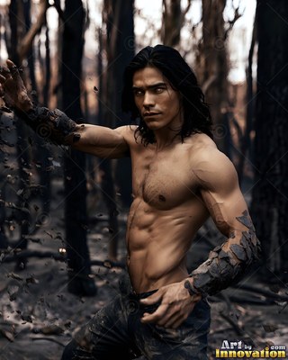 Turned sideways, a shirtless man with stone on his arms stands in a burnt forest