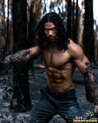 A muscular, shirtless man with ash on his arms stands in a burnt forest