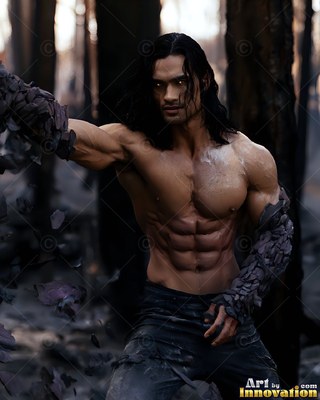 In a burned forest, a muscular shirtless man poses with rocky stone arms