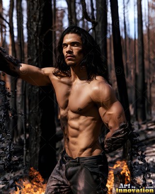 Standing shirtless in a burned forest, a muscular man poses near small flames