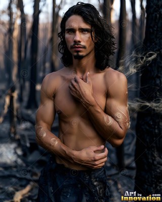 Shirtless man with arm markings standing in a burned forest