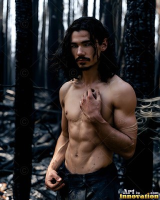 Long dark hair hangs past the bare-chested man as he stands in a burned forest of black trees