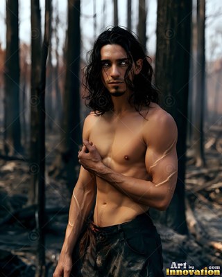 Standing shirtless in a burned forest, a man looks ahead with bright white eyes