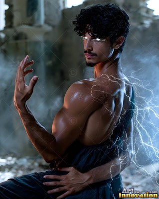 A muscular man with bright white eyes casts blue lightning across his back