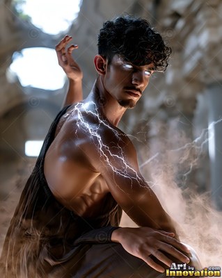 In stone ruins, a man with bright white eyes crouches with lightning on his arm