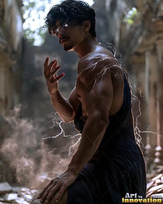 Crouching in dusty ruins, a muscular man channels white lightning over his bare shoulder